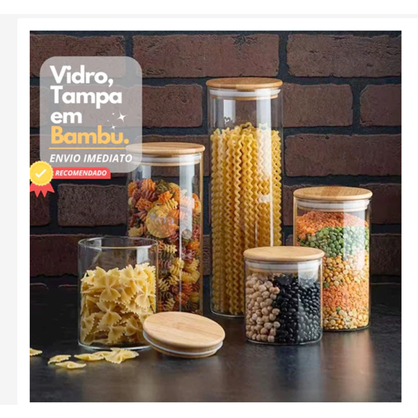 Kit 5 Potes Vidro Tampa Bambu